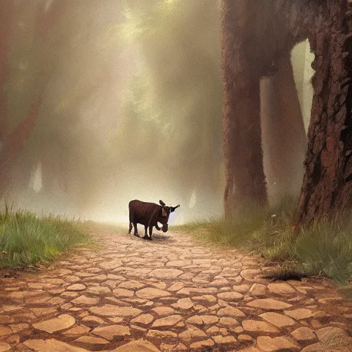 Image similar to closeup of a cow shit in the middle of the path, excrement, pinewoods, avila mountains. by craig mullins, steve purcell, ralph mcquarrie. trending on artstation. fashion, centered image