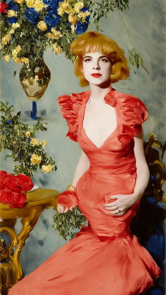 Image similar to portrait of young julee cruise in detailed golden sleeve balloon dress beside a pot of red roses, a persian blue detailed curtain in back painted by john singer sargent