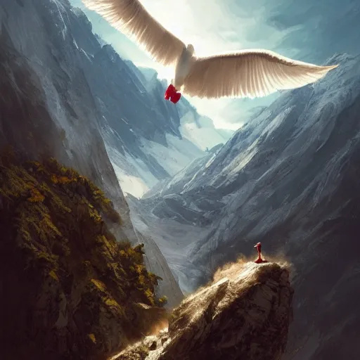 Prompt: Crowd surrounds giant white duck flying over mountains, huge feathery wings, mountain landscape, Himalayas, 4k, trending on Artstation, art by Greg Rutkowski