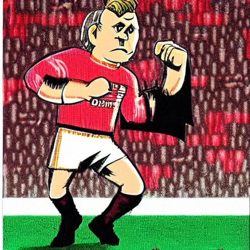 Prompt: A beautiful, highly detailed illustration of the intimidating 'last boss of association football' in an NES instruction manual