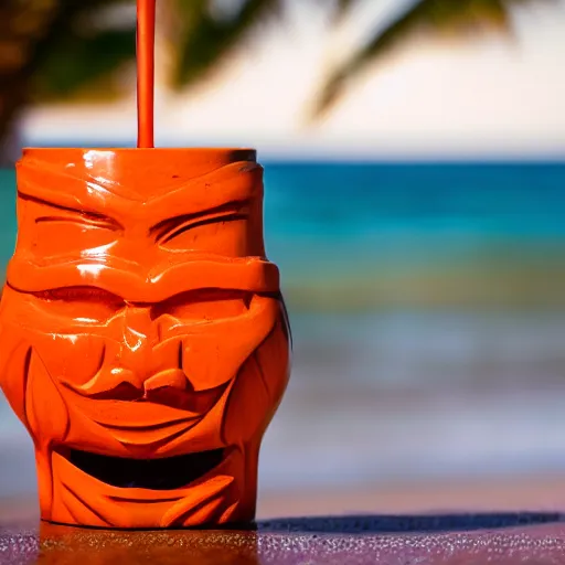 Image similar to a closeup photorealistic photograph of a glossy orange cat garfield style tiki mug sitting at a trader vic's beach bar featuring garfield's face. tiki theme. bright scene. fine detail. this 4 k hd image is trending on artstation, featured on behance, well - rendered, extra crisp, features intricate detail, epic composition and the style of unreal engine.