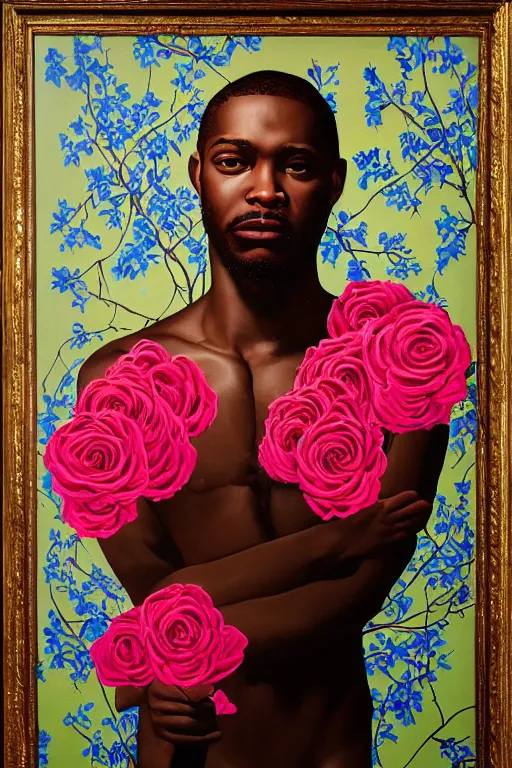 Image similar to Andre Benjamin, portrait by Kehinde Wiley!!, roses, oil paint on canvas, brushstrokes,