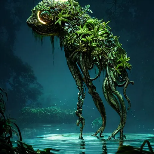 Image similar to creature in a lush vegetation at night, water reflection, bioluminescent : : by michal karcz, daniel merriam, victo ngai and guillermo del toro : : ornate, dynamic, particulate, intricate, elegant, highly detailed, centered, artstation, smooth, sharp focus, octane render, 3 d