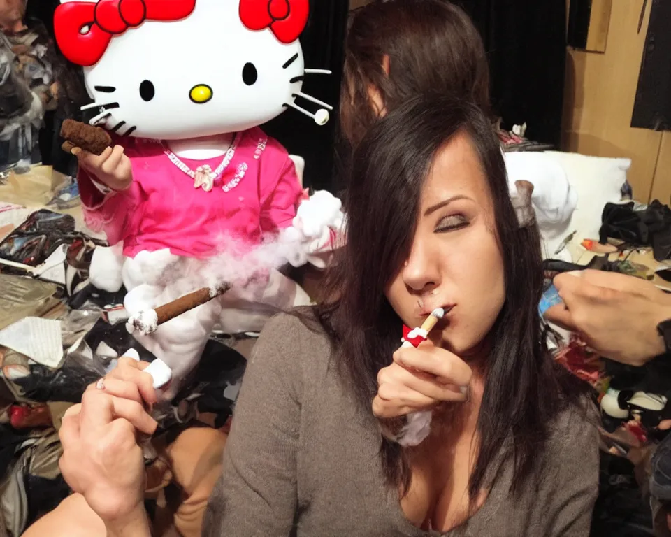 Prompt: Hello Kitty backstage smoking a cigar