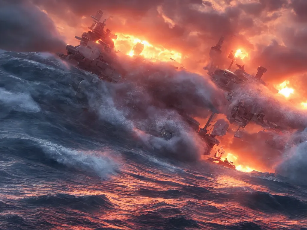 Prompt: breaking apart crashing damaged and on fire mecha battleship sailing alone on a stormy sea at sunset,large waves, explosions, battletech, octane render , cinematic