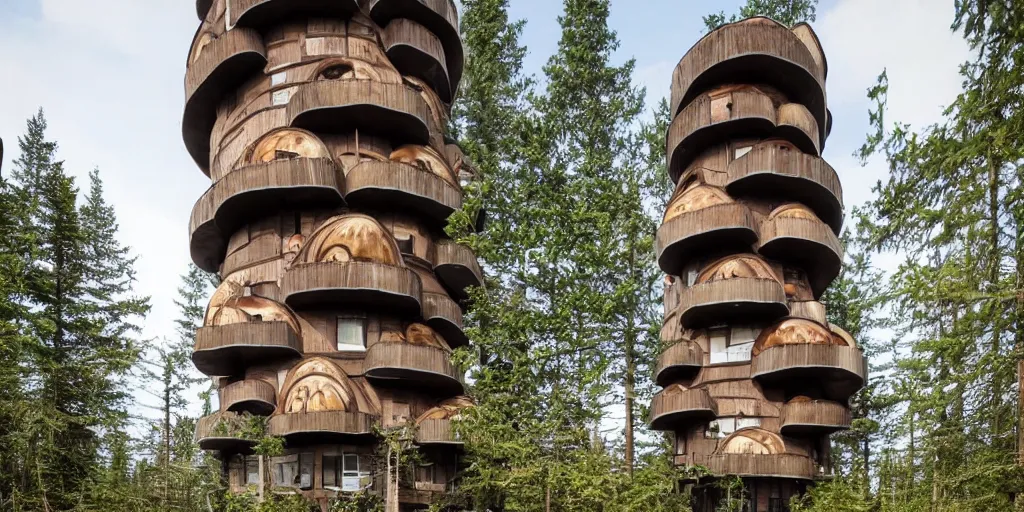 Image similar to tall tower residence made from enormous mushrooms, pacific northwest, round doors