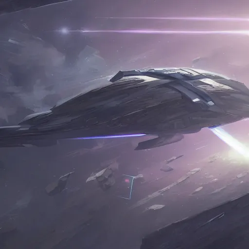 Image similar to concept art of a large space vessel in the shape of an spear flying through the space, scifi, beautiful ilumination, artstation hq