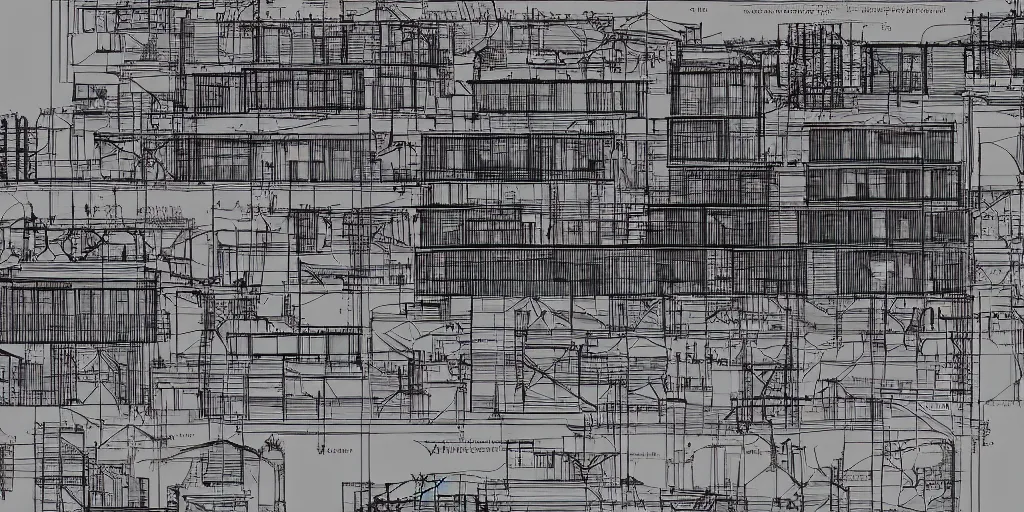 Prompt: Schematic, mining town, architecture blueprint, archive