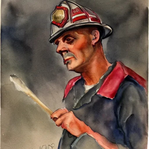 Image similar to Weary firefighter. Watercolor. 1930s