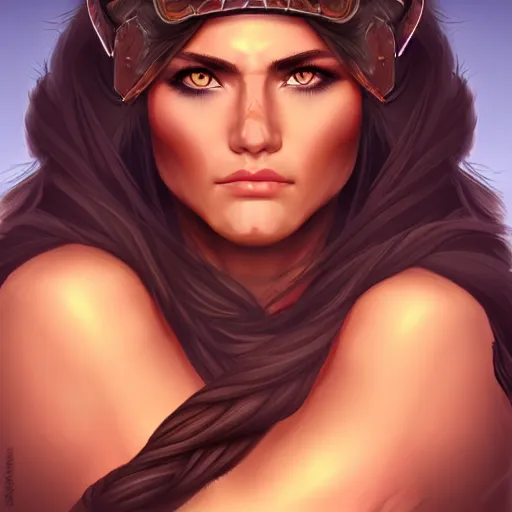 Image similar to head and shoulders portrait of a barbarian, female, by artgerm, behance hd, shutterstock, clean cel shaded vector art illustration,