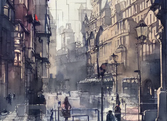 Prompt: concept art of street england city, pinterest, artstation trending, behance, watercolor, by coby whitmore, silver, laser light,