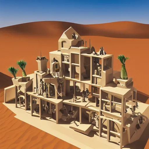 Prompt: big scale toy hotel in the dessert, 3 d cubism