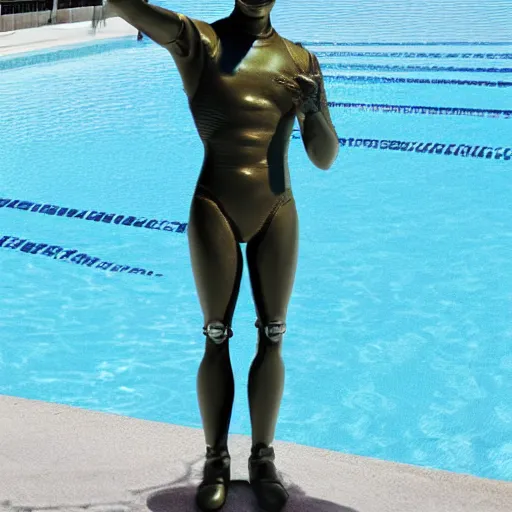 Prompt: a realistic detailed photo of a guy who is an attractive humanoid who is half robot and half humanoid, humanoid robot, by the pool, posing like a statue, who is a male android, blank stare, on display, made of ice, shiny skin, frozen ice statue, showing off his muscles, f 1 driver charles leclerc