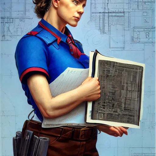 Image similar to epic portrait a slightly muscular woman wearing short sleeved uniform in blue and carrying a construction plan blueprint, detailed, centered, digital painting, artstation, concept art, donato giancola, Joseph Christian Leyendecker, WLOP, Boris Vallejo, Breathtaking, 8k resolution, extremely detailed, beautiful, establishing shot, artistic, hyperrealistic, beautiful face, octane render