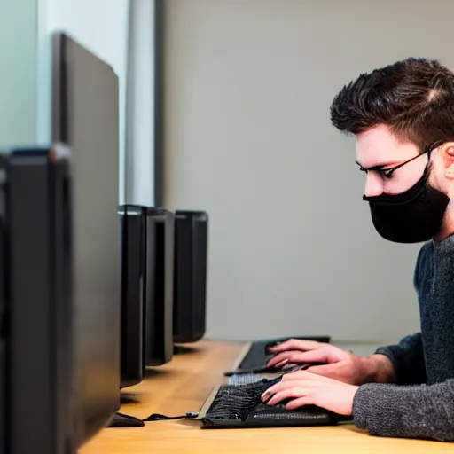 Image similar to picture of man wearing guy faux mask hacking a computer