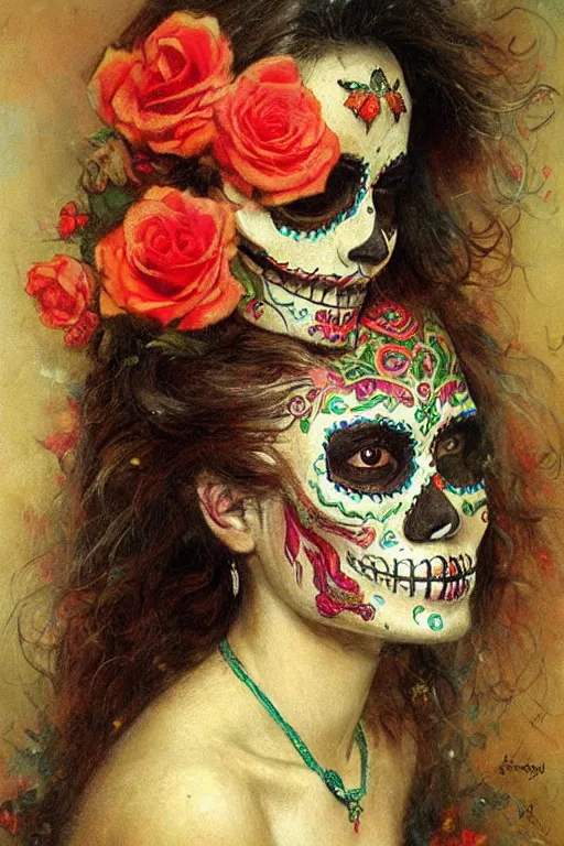 Image similar to illustration of a sugar skull day of the dead girl, art by gaston bussiere