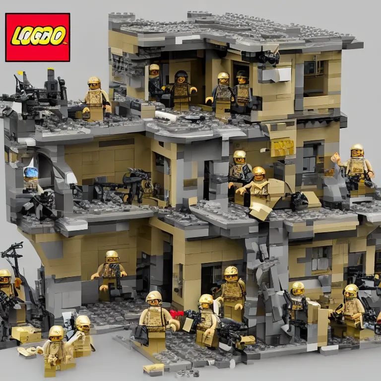 Image similar to navy seals raid osama bin laden's final hideout in abbottabad, pakistan lego set product marketing, photorealistic, studio lighting, highly detailed