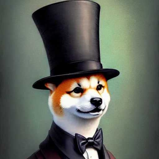 Image similar to full body portrait painting of a cute shiba inu gentleman with top hat, ultra realistic, concept art, intricate details, eerie, highly detailed, photorealistic, octane render, 8 k, unreal engine. art by artgerm and greg rutkowski and charlie bowater and magali villeneuve and alphonse mucha