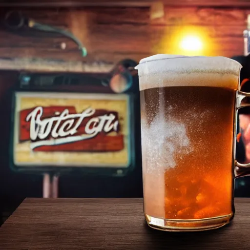 Image similar to a 3 d rendered movie still product shot an old - fashioned root beer in a frosty mug with condensation. the mug sits on a wooden bar at a diner. next to the mug is an origami bird. in the background is a dart board on a wall. imax, 7 0 mm dramatic lighting blade runner