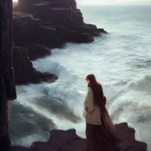 Prompt: a giant human at the giants causeway, by jessica rossier, by greg rutkowski, by anders zorn, by greg manchess, beautiful cinematic light