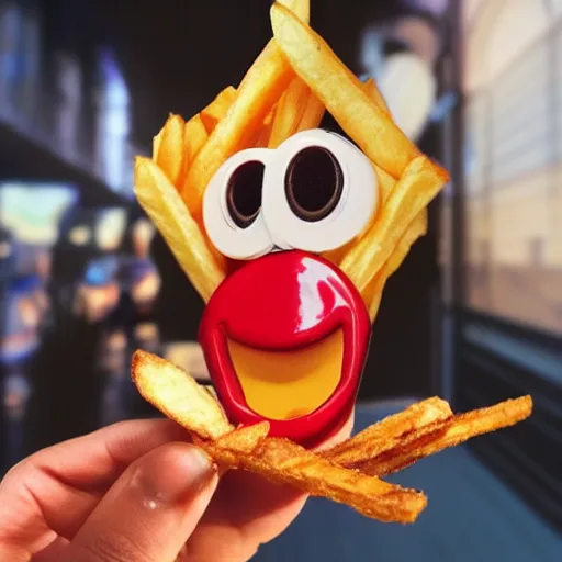 Image similar to photo of [ a single salted french fry chip ] shaped like that looks like stephen fry as a pixar character hybrid intercross mix cinematic lighting