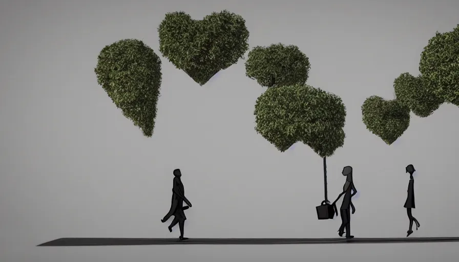 Prompt: a giantess man with a giant woman walking together, enormous, big, pencil sketch, 3 d render, trees, buildings, street, hearts symbol, show light
