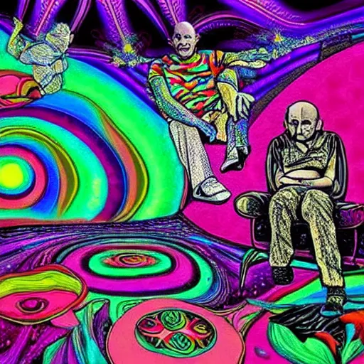 Image similar to psychedelic trippy couch in space, gotta see it to believe it, can't believe my eyes, bald people on couch, hairless couch, couch with no hair, couch with bald people on it, hairless people, couch for hair