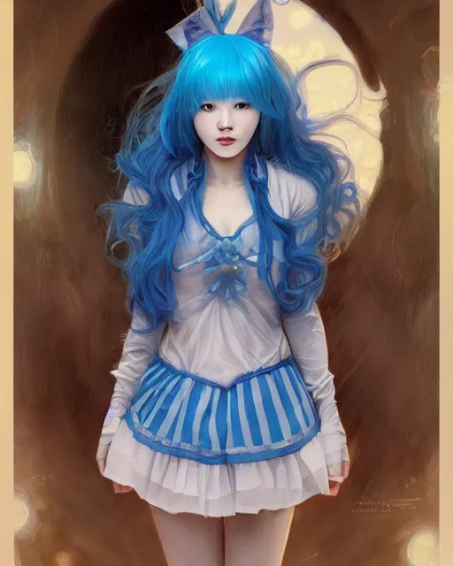 Image similar to symmetrical portrait of a pretty korean girl with blue hair dressed as alice in wonderland, digital painting, 8 k, concept art, art by wlop, artgerm, greg rutkowski and alphonse mucha