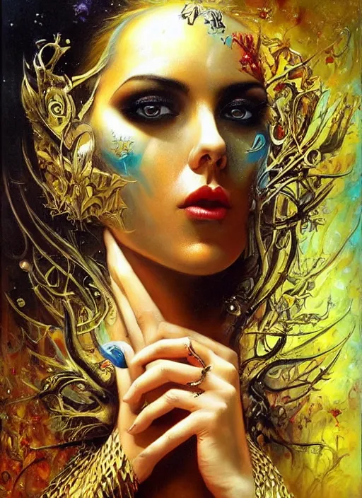 Image similar to magic enlightened cult psychic lovable woman, painted face, third eye, energetic consciousness psychedelic, epic surrealism expressionism symbolism, by karol bak, masterpiece