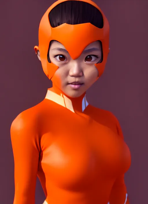 Prompt: teenage asian girl wearing an orange matte superhero costume, anime digital art, au naturel, hyper detailed, digital art, trending in artstation, cinematic lighting, studio quality, smooth render, unreal engine 5 rendered, octane rendered, art style by klimt and nixeu and ian sprigger and wlop and krenz cushart