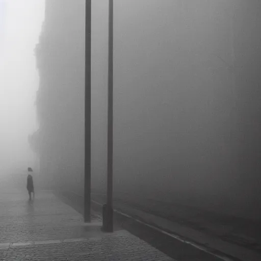 Image similar to liminal space, fog, city