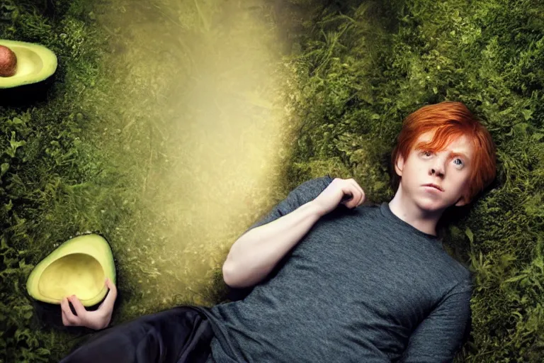 Image similar to an ultra realistic, cinematic, headshot portrait, of ron weasley lying down with an avocado, fantasy, avocado, facial features, background of hogwarts, with trees and rivers, detailed, deep focus, movie still, dramatic lighting, ray tracing, by michal karcz and yoshitaka amano