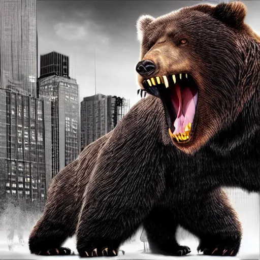 Prompt: ! dream a giant angry bear vs. godzilla in the city, photomanipulation, photoshop, digital art