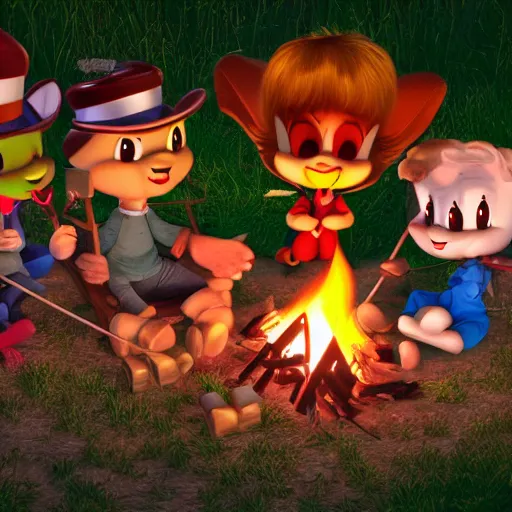 Prompt: tiny toons in real life sitting around a campfire telling stories, photographic, 3D, IE5, photorealistic, ultrarealistic, hyper realistic, drum scanner, dark vignette, burning embers, nostalgic, muted colors, slightly drunk, candy rush