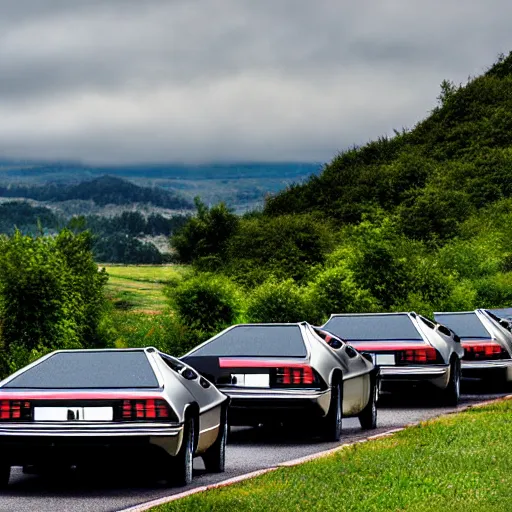 Prompt: long line of DeLorean cars are parked bumper-to-bumper on the side of a road. Some of them have their passenger side doors open, while others do not. People gather alongside the cars as well as on the opposite side of the road. There are rolling hills visible in the background, high quality, ultra realistic photograph, 4k, 8k