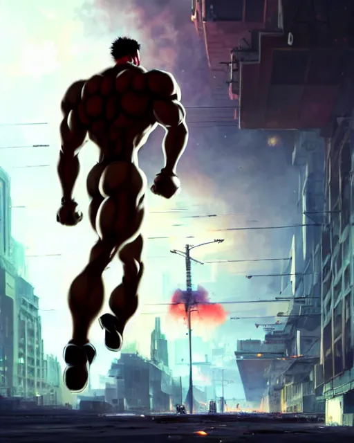 Prompt: gigachad luigi bodybuilder walking away from a atomic blast fighting like one punch man wearing a suit in the fight club city, fantasy character portrait, ultra realistic, anime key visual, full body concept art, intricate details, highly detailed by greg rutkowski, ilya kuvshinov, gaston bussiere, craig mullins, simon bisley