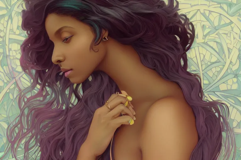 Image similar to beautiful black woman with gorgeous pastel balayage hairstyle, as seen on artgerm, octane render, in the style of alphonse mucha, ultra realistic, highly detailed, 8 k