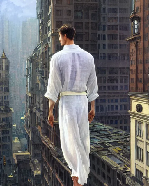 Image similar to wide angle of attractive man wearing a white linen clothes levitating over the street below, arms spread wide, the world ablaze, highly detailed, digital painting, artstation, concept art, smooth, sharp focus, illustration, art by artgerm, greg rutkowski, alphonse mucha, j. c. leyendecker