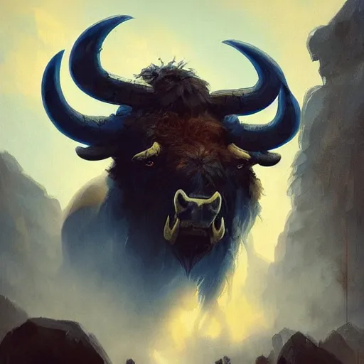 Image similar to angry blue bison portrait by greg rutkowski and frank frazetta, dark fantasy, blue, artstation