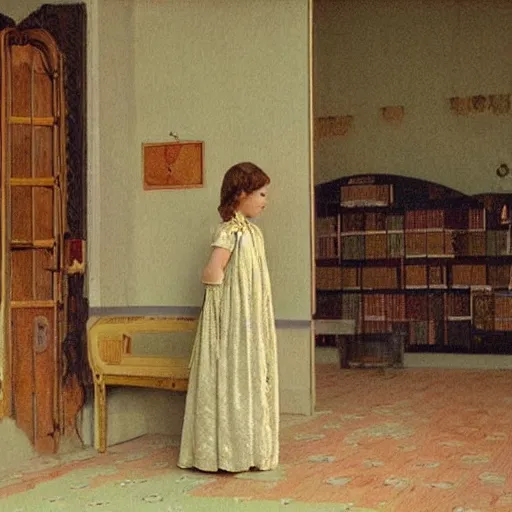 Image similar to a young ivory and golden filigree girl in an soviet liminal abandoned room, film still by wes anderson, depicted by balthus, limited color palette, very intricate, art nouveau, highly detailed, lights by hopper, soft pastel colors