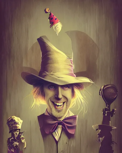 Image similar to tom petty as the mad hatter, contrast, kim jung gi, greg rutkowski, zabrocki, karlkka, jayison devadas, trending on artstation, 8 k, ultra wide angle, zenith view, pincushion lens effect