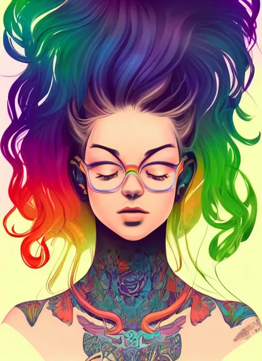 Image similar to a young woman with beautiful rainbow hair and lots of tattoos on her arms and chest. clean cel shaded vector art. shutterstock. behance hd by lois van baarle, artgerm, helen huang, by makoto shinkai and ilya kuvshinov, rossdraws, illustration, art by ilya kuvshinov