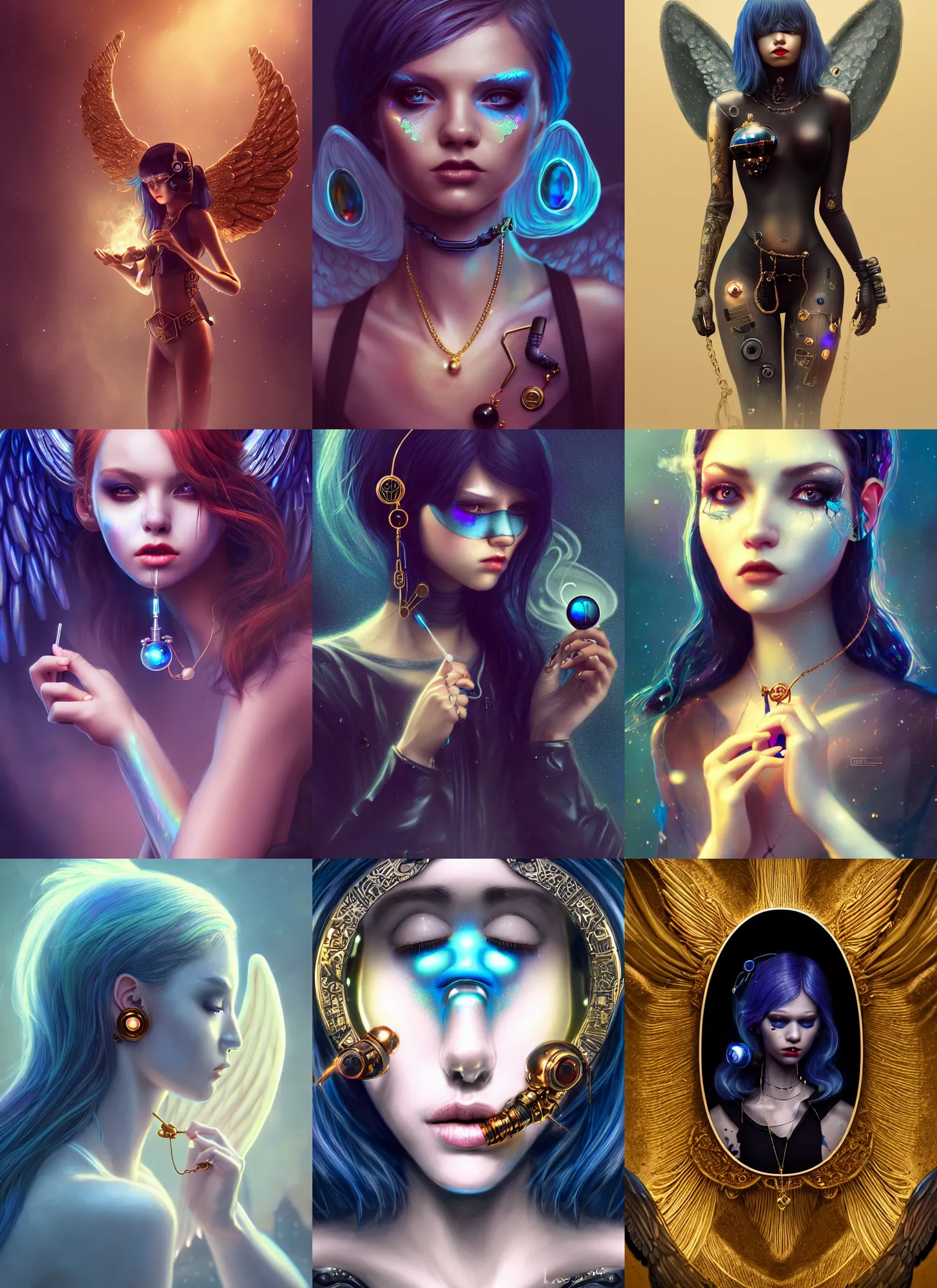 Prompt: disney 8 k photo, beautiful shiny porcelain obsidian rich grand iridescent smoking emo edc angel clowncore cyborg college woman, earbuds jewelry, golden ratio details, sci fi, fantasy, cyberpunk, intricate, decadent, highly detailed, digital painting, octane render, artstation, concept art, smooth, sharp focus, illustration, art by loish, wlop