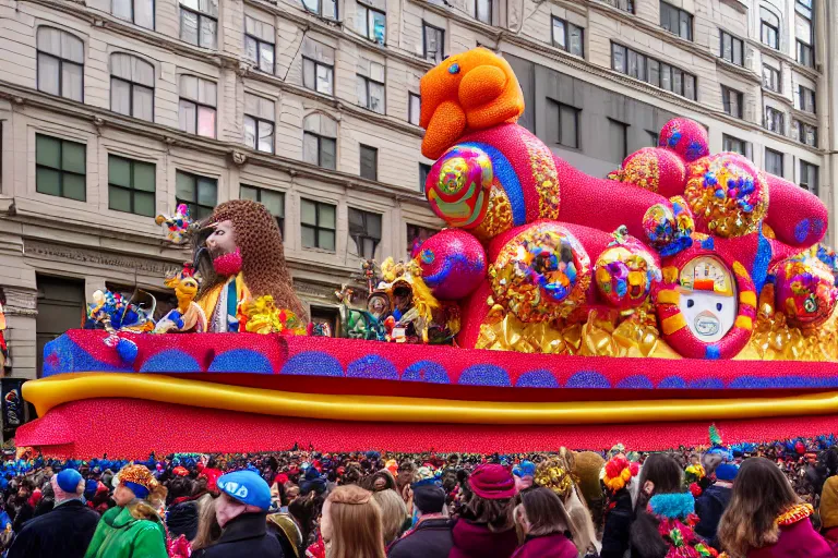 Image similar to photo of giant beautiful elaborate parade float designed by wes anderson, in the macys parade, detailed 4 k photo,