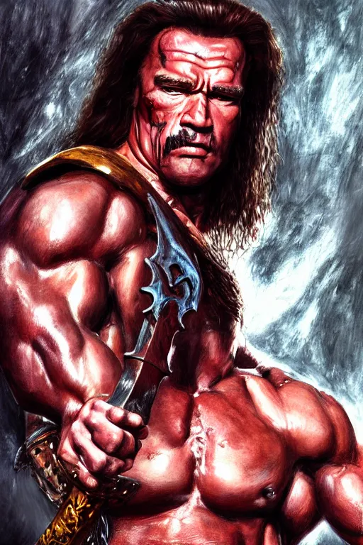 Image similar to Portrait of a Arnold Schwarzenegger as conan barbarian with a huge steel sword, elegant, photorealistic, highly detailed, artstation, smooth, sharp focus, blood ornaments, neon lighting, sci-fi, art by Klimt