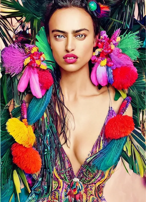 Image similar to beautiful portrait of Irina Shayk wearing fantastic Hand-dyed cotton dress, embellished beaded feather decorative fringe knots ,colorful pigtail,subtropical flowers and plants,summer,dramatic lighting,symmetrical face,intricate,elegant,highly detailed,8k,post-processing,digital painting,trending on pinterest, GUCCI,PRADA,concept art, sharp focus, illustration, by artgerm,Tom Bagshaw,Lawrence Alma-Tadema,greg rutkowski,alphonse Mucha