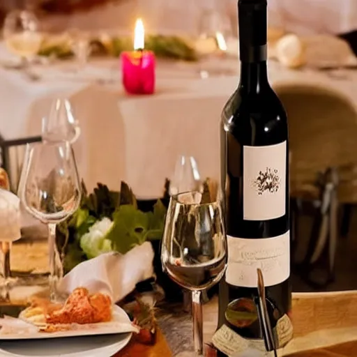 Prompt: romantic candle - lit dinner on a luxury table with a wine bottle, soft light, warmly lit