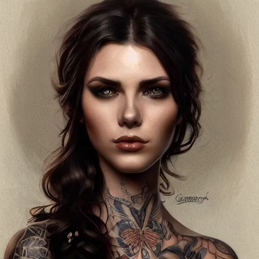 Image similar to ultra realistic illustration, a hot brunette tattooed slavic woman in her late 2 0's, intricate, elegant, highly detailed, digital painting, artstation, concept art, smooth, sharp focus, illustration, art by artgerm and greg rutkowski and alphonse mucha