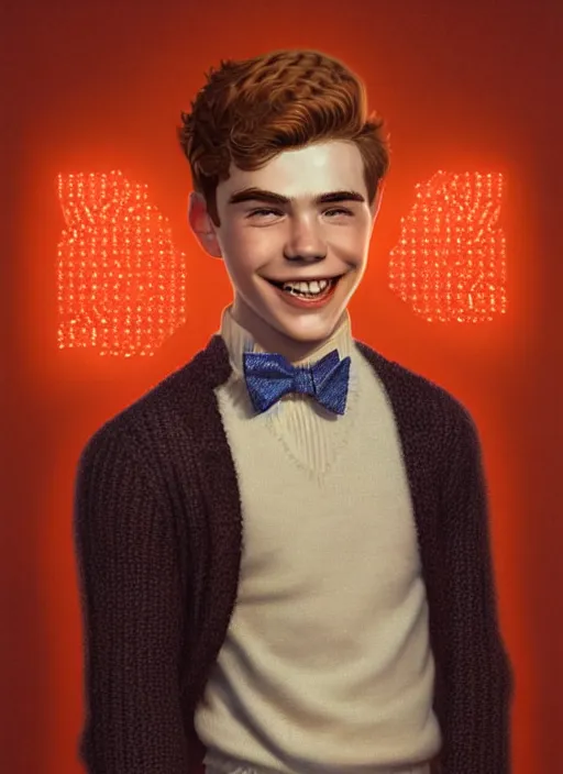 Image similar to portrait of teenage archie andrews, freckles, curly middle part haircut, curly hair, middle part hairstyle, smiling kindly, wearing a bowtie and sweater vest, intricate, elegant, glowing lights, highly detailed, digital painting, artstation, concept art, smooth, sharp focus, illustration, art by wlop, mars ravelo and greg rutkowski