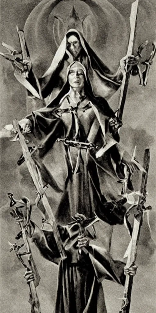 Prompt: Evil nun of satan brandishing multiple crucifixes like nun-chucks, hyper realistic, religious warfare